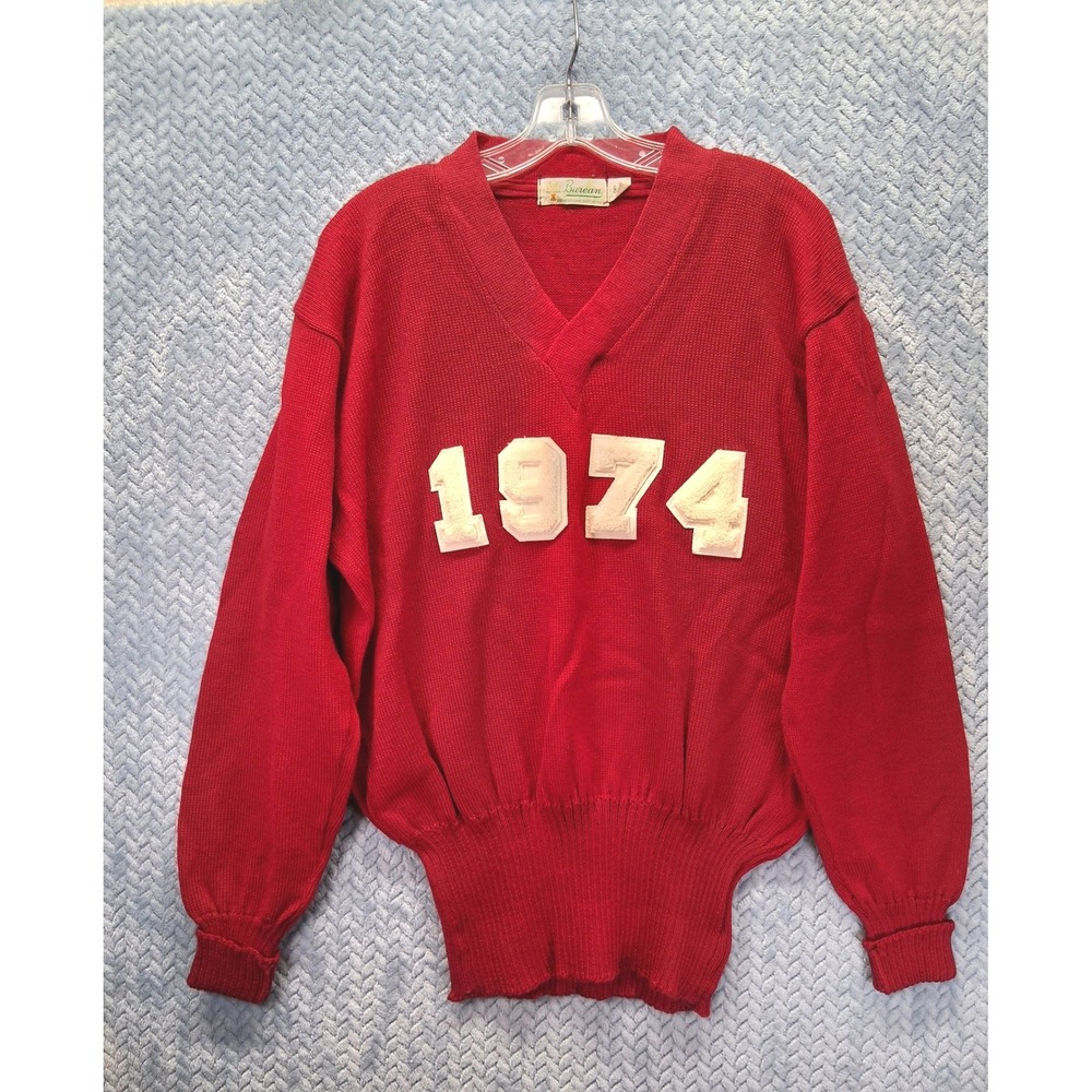 Vintage Burean Holloway Red Knit V-Neck Sweater 1974 Chenille Patch Size 48